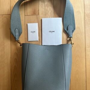 Celine Light Blue-Gray soft grained calfskin bucket Shoulder Bag with Wide Strap
